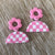 Earrings - Pink Checkerboard Semi Circle Drops with Pink Flowers